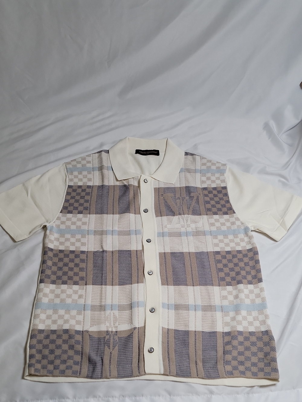 Louis Vuitton Cream and Beige Plaid Knit Polo Shirt